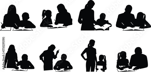Teacher helping students with reading and writing, parent teaching child education, learning and homework support silhouette illustration for school design