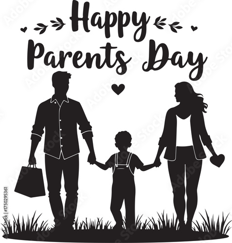 Black silhouette family holding hands with text Happy Parents Day