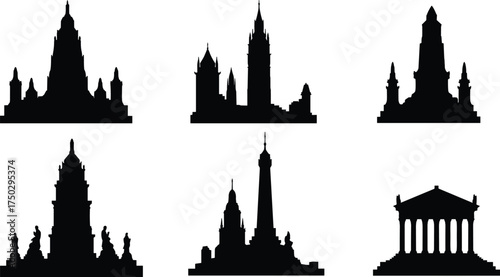 Famous building silhouettes, historic monument, cultural landmark, cathedral, castle, dome, obelisk, Greek temple, architecture vector, heritage illustration design