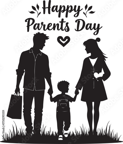 Black silhouette family walking holding hands with shopping bag