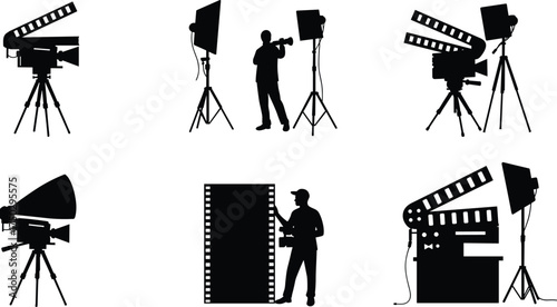 Film production silhouettes, movie making icons, camera tripod illustration, studio lighting design, sound recording artwork, editing concept, filmmaking equipment symbols