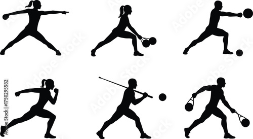 Fitness silhouette icons, athletes training, kettlebell exercise, medicine ball workout, sprint running, barbell strength, sports conditioning, dynamic movement illustration