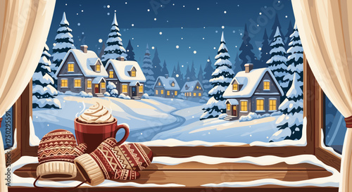 Cozy Winter Night View: Hot Chocolate & Snowy Village