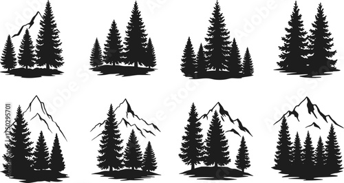 Forest and mountain silhouette, conifer pine vector, outdoor landscape artwork, black woodland design, nature graphic, wilderness element, adventure illustration