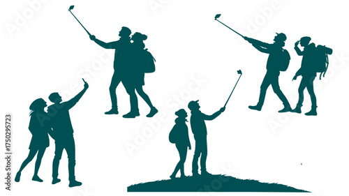  selfies, friends on a mountain hike taking selfies with selfie sticks during an outdoor adventure
