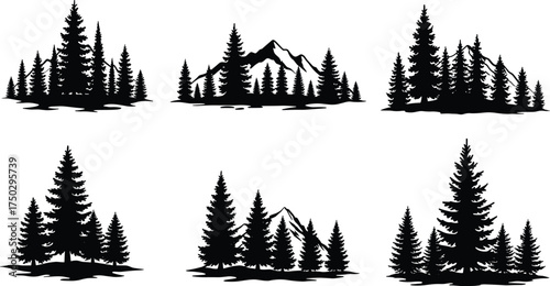 Forest landscape silhouette, conifer pine vector, mountain scenery artwork, black woodland design, nature graphic, outdoor element, organic plant illustration