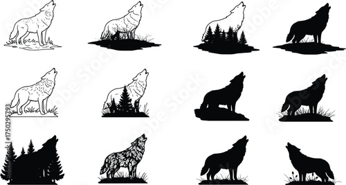 Wolf silhouette and line art collection, howling wolf in forest landscape, wildlife illustration, animal drawing, nature background, wilderness design