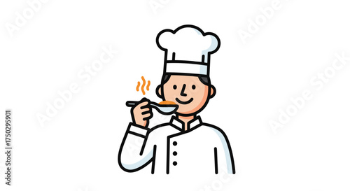 Cartoon chef tasting soup, a whimsical illustration for culinary blogs, menu designs, and food-related educational content, perfect for engaging children and adults alike.