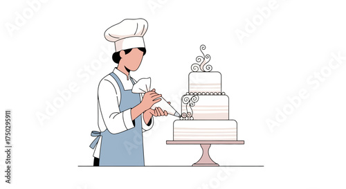 Elegant Three-Tier Cake Decoration by a Skilled Pastry Chef in a Minimalist Illustration Style, used for food blog, pastry shop advertisement or culinary education projects.