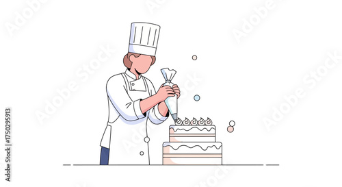Elegant pastry chef delicately decorating a tiered cake with icing, suitable for culinary arts, baking tutorials, or dessert-themed event promotions.