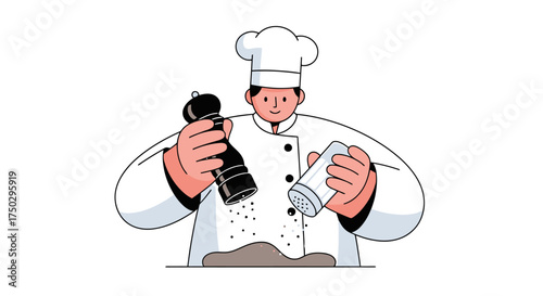 Professional chef adding spices to food preparation, showcasing culinary skills and kitchen expertise for cooking illustrations and culinary recipe promotions.