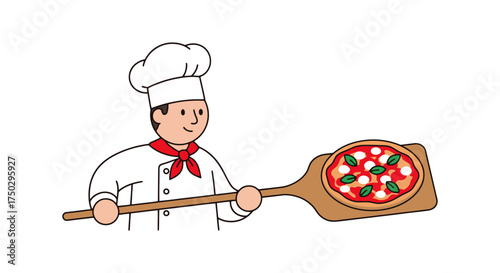 Cartoon Style Illustration of a Pizza Chef Holding a Freshly Baked Pizza on a Wooden Peel for Menu Design and Culinary Arts Projects