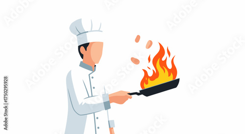 Professional Chef Tossing Food in a Frying Pan with Flames, Isolated on White. Ideal for culinary arts websites, food blogs, or restaurant marketing campaigns.