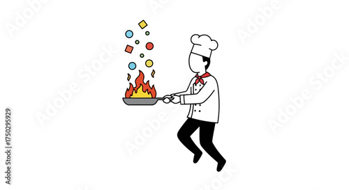 Animated Chef Tossing Food in a Frying Pan with Flames, Suitable for Culinary Education, Restaurant Promotions, and Cooking Tutorial Materials.