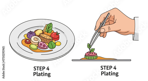 Culinary Artistry Illustration Depicting Food Plating Techniques for Gourmet Dish Presentation in Restaurant Menus and Cooking Guides