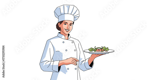 Female chef presenting a gourmet dish isolated on white background,ideal for culinary schools,restaurants menus, healthy eating campaigns, food blogs,and cooking tutorials.
