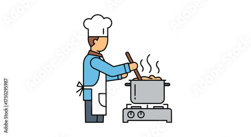 Chef Preparing a Meal on a Stove Top, Suitable for Culinary Education, Restaurant Promotion, and Food-Related Design Projects that need a simple vector icon.