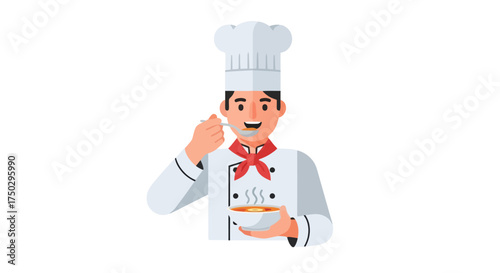 Smiling Chef Tasting Soup in Professional Uniform, Perfect for Culinary Education, Food Blogs, and Restaurant Promotions