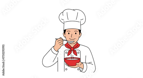 Cartoon Chef Character Tasting Soup with a Spoon, Isolated on White, Suitable for Culinary Blogs, Cooking Guides, and Food Service Marketing Materials