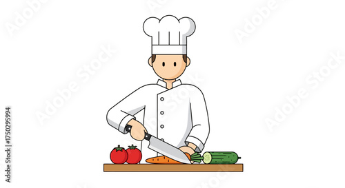 Cartoon Chef Character Preparing Fresh Vegetables on Cutting Board for Culinary Illustrations and Educational Material, Ideal for Recipe Books and Food-Related Content