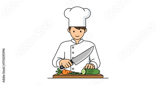 Professional chef preparing healthy vegetables on a wooden cutting board. Ideal for illustrating culinary arts, cooking tutorials, or healthy eating educational material.