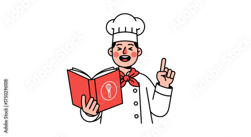 Cheerful Chef Illustration Holding a Cookbook, Ideal for Recipe Blogs, Culinary Schools, and Food Industry Marketing Materials