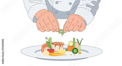 Artistic Food Presentation Illustration Showcasing Culinary Expertise and Creative Plating Techniques for Recipe Blogs, Cooking Tutorials, and Fine Dining Promotions.