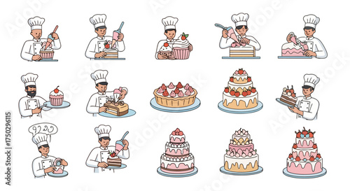 Collection of Baker Illustrations Preparing and Presenting Cakes, Ideal for Culinary Arts Education and Baking Industry Marketing Materials.