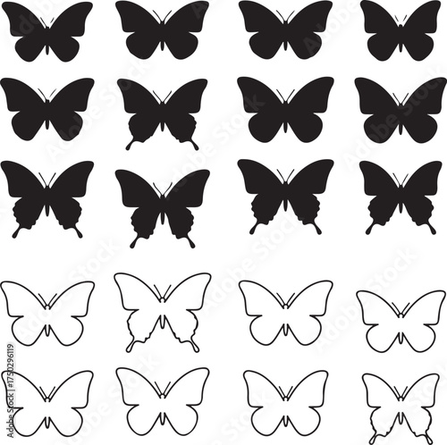 Butterfly Silhouette Patterns: A collection of butterfly silhouettes in various designs, perfect for artistic use and design, offering a variety of graceful forms. 