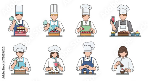 Diverse Team of Chefs Decorating Cakes and Cupcakes: Ideal for Culinary Schools, Bakeries, and Food Industry Marketing Materials