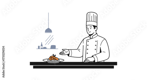 Elegant chef presenting a gourmet dish in a modern kitchen setting, ideal for illustrating culinary arts, restaurant promotions, or food-related design projects