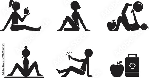 Healthy lifestyle silhouettes, exercise icons, yoga stretching, fitness ball workout, apple nutrition, hydration symbol, meal prep box, wellness design, outdoor activity, vector set