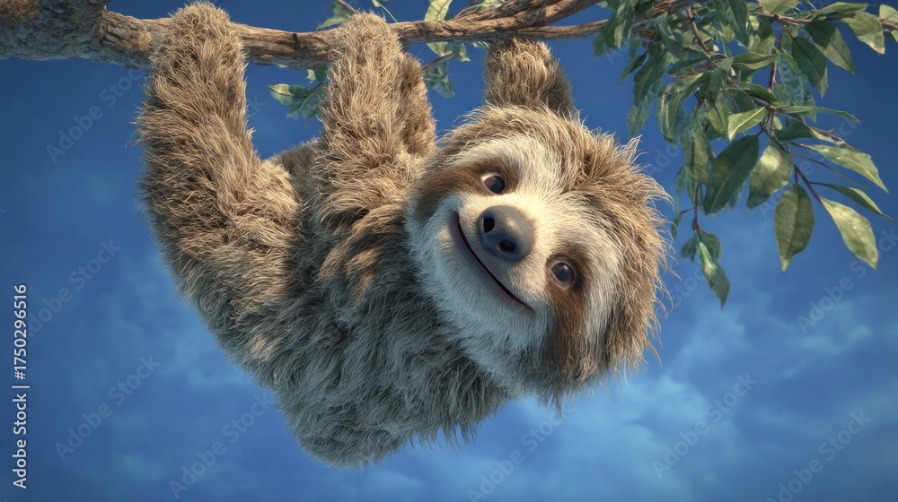 Obraz premium Adorable, fuzzy creature smiles upside down, hanging from a leafy branch against a blue sky