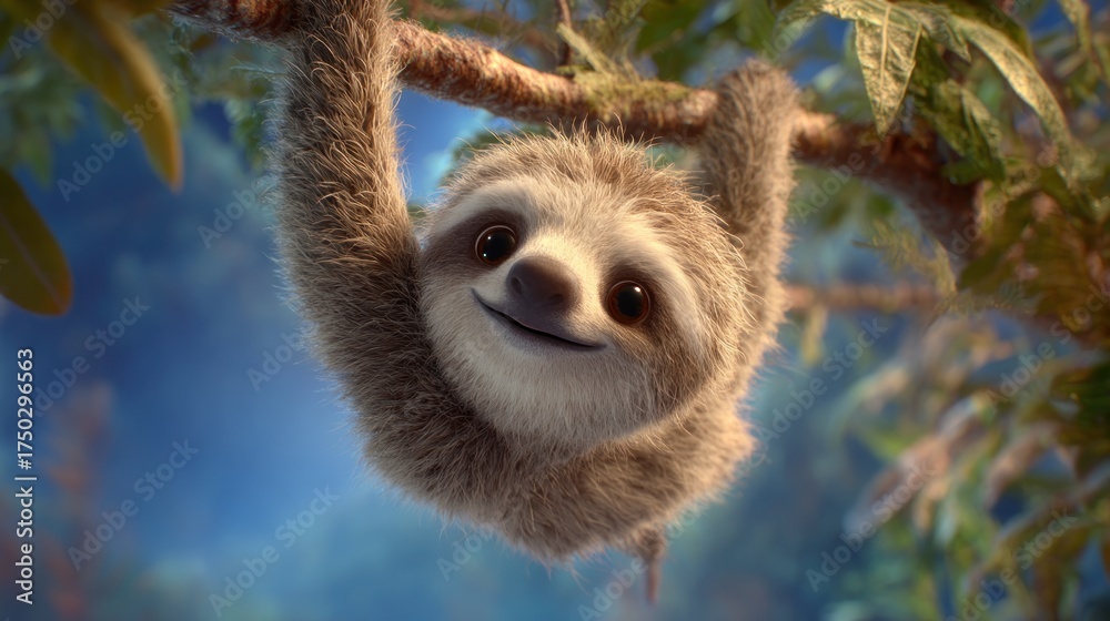 Obraz premium A cheerful, fluffy sloth hangs from a tree branch, smiling sweetly at the viewer