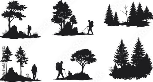 Hiking silhouettes, outdoor adventure, forest trees, backpackers walking, trekking icons, mountain exploration, camping design, wilderness nature, eco tourism, travel vector illustration