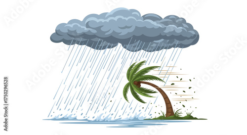 Illustration of a powerful hurricane with strong winds and torrential rain lashing a lone palm tree during a tropical storm