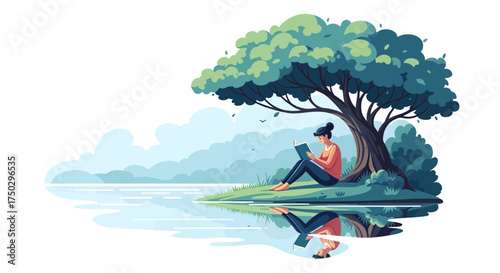 Peaceful concept of a woman reading a book under a lush tree, reflecting in the calm water of a tranquil lake on a quiet summer day