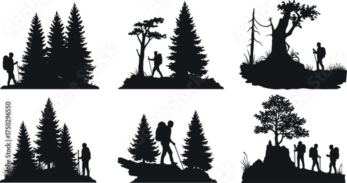 Hiking silhouettes, forest trees, adventure travel, backpackers walking, outdoor exploration, trekking icons, mountain hiking, wilderness nature, camping design, eco tourism vector