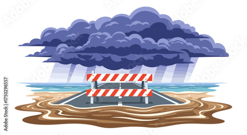 Conceptual illustration of a coastal road completely flooded and blocked off by a barrier due to an extreme weather storm and heavy rain