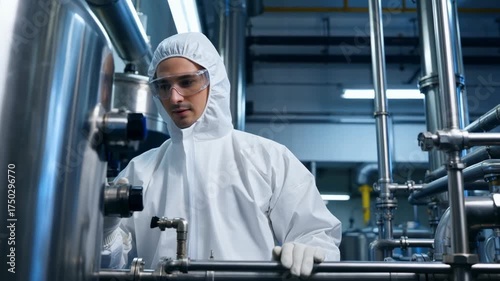 Worker in hazmat suit inspects complex piping system in modern industrial facility