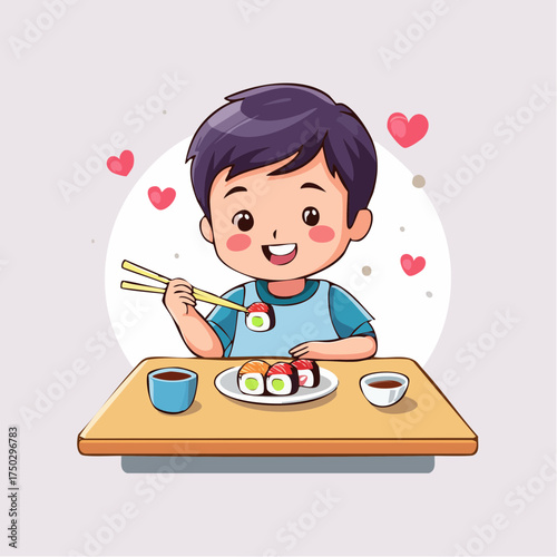 A cheerful Asian boy enjoys eating sushi with chopsticks, kawaii cartoon style, in a restaurant setting with hearts around him, symbolizing love for food