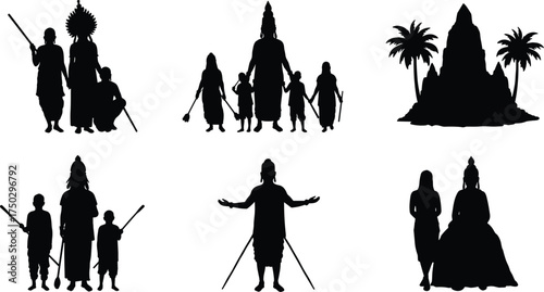 Indian mythology silhouettes, cultural heritage icons, traditional attire vector, temple illustration, divine figures, historical scene, folklore design, spiritual art, epic characters