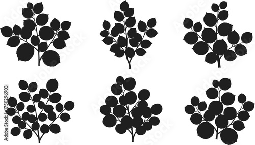 Leafy plant silhouettes, small tree outlines, black foliage shapes, isolated vector illustration, natural botanical elements, abstract plant art, decorative landscape design