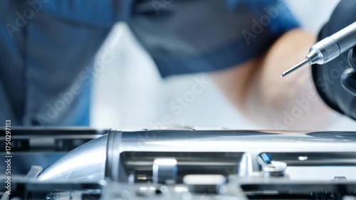 Close-up of technician's gloved hands assembling intricate metal machinery with precision tools