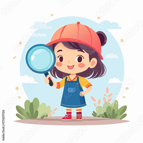 Curious girl detective with magnifying glass