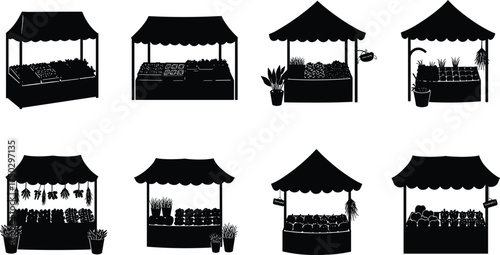 Market stall silhouettes, fruit and vegetable shop, street vendor booth, farmers market, local produce stand, grocery kiosk, retail, shopping illustration vector