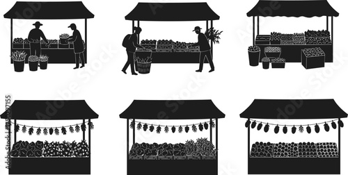 Market stall silhouettes, vendor and customer, fruit and vegetable shop, farmers market booth, grocery stand, street commerce, retail shopping, produce illustration