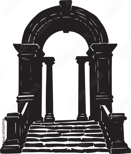 Black silhouette of ancient archway with stone stairs