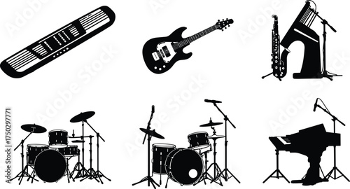 Musical instrument silhouettes, piano guitar saxophone harp icons, drum set illustration, classical and modern music design, performance stage artwork