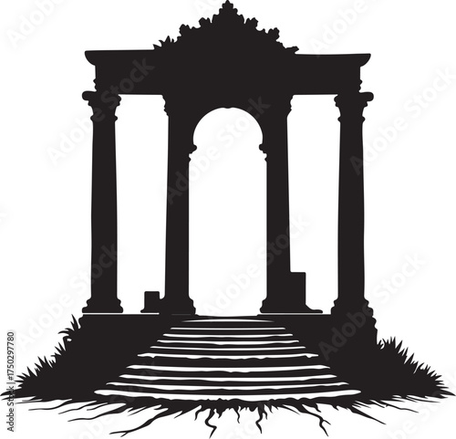 Black silhouette of ancient Greek Roman temple ruins